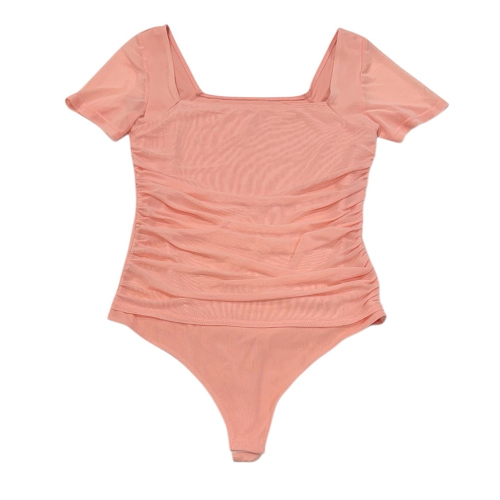 Womens Square Neck mesh detailed light Coral pink bodysuit L NWOT
